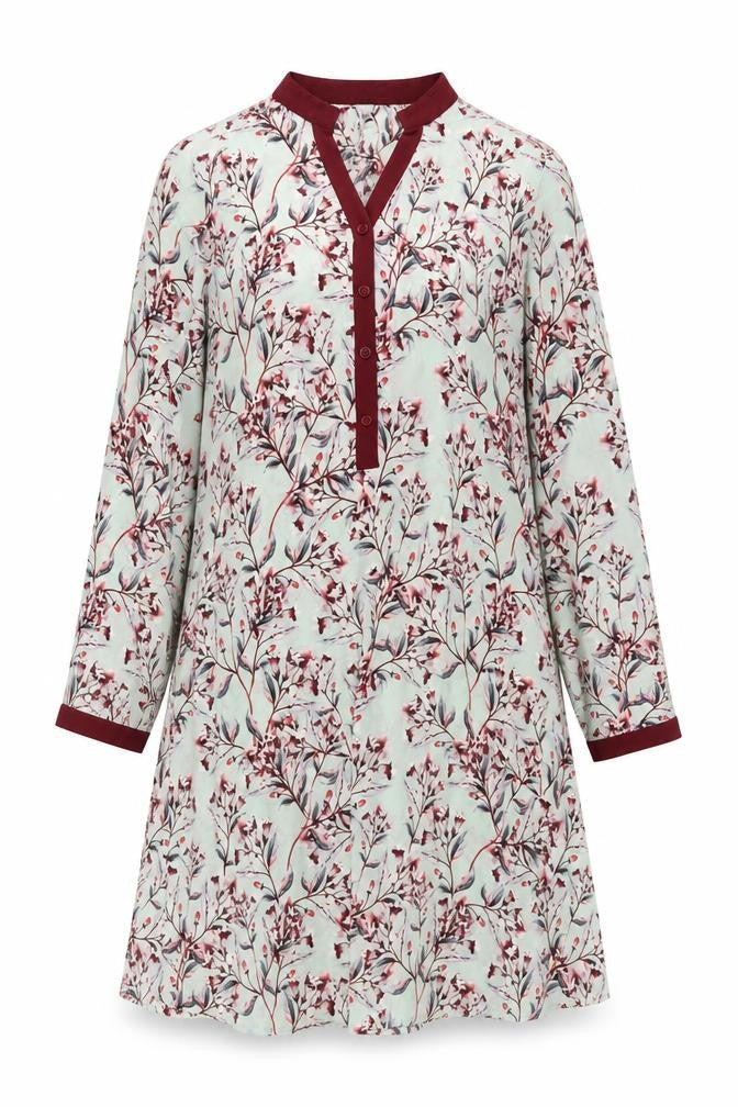 Front view of Rupali women’s blue floral polyester a-line, size M, v-neck button