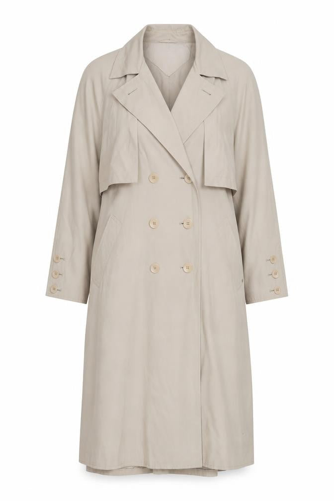 Front view of Four seasons women’s beige overcoat coat, size UK 14, button