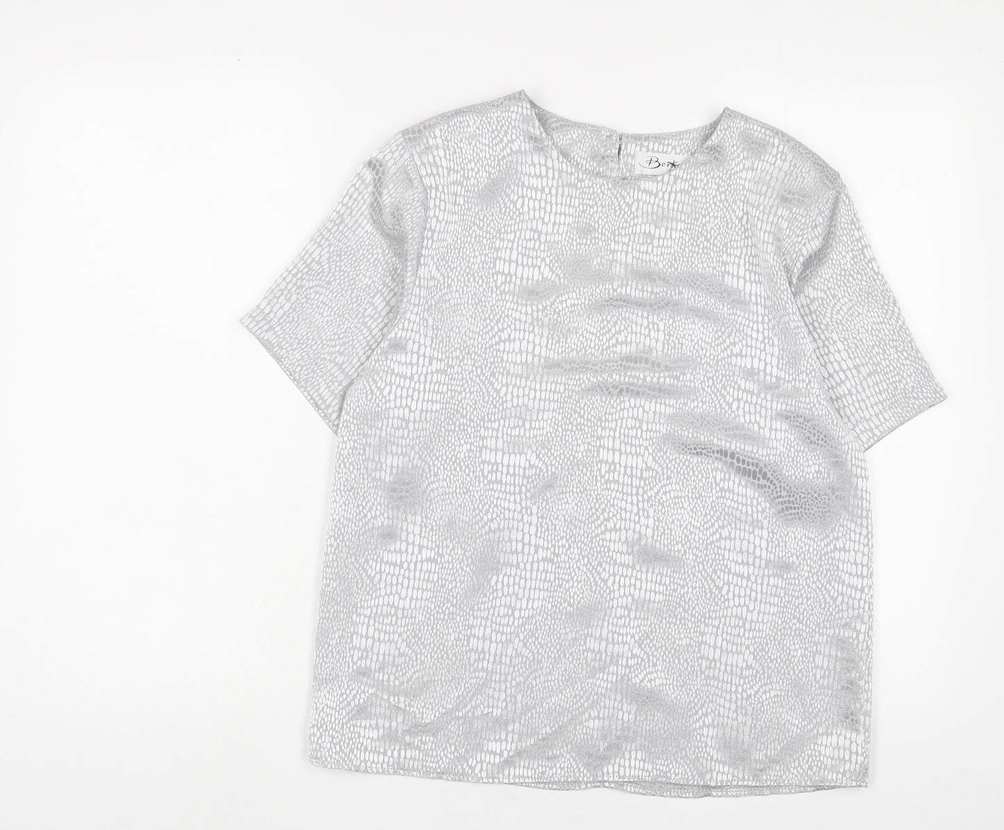 Berkertex Womens Silver Animal Print Polyester Basic T-Shirt Size 12 Crew Neck