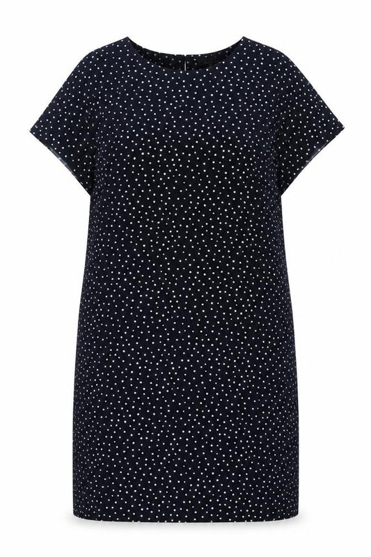 Front view of Next women’s blue geometric polyester sheath, size UK 18, crew neck button