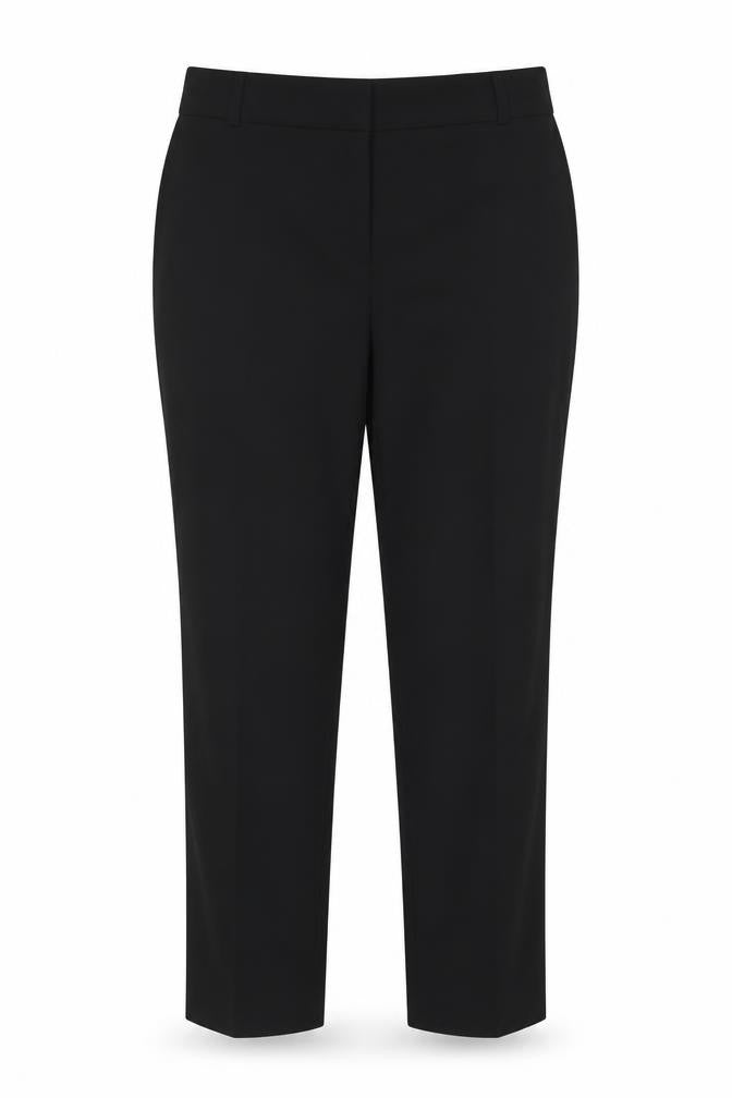Front view of Next women’s black polyester trousers, size UK 12, 27-inch leg regular hook & eye