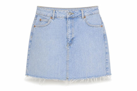 Front view of Topshop women’s blue cotton a-line skirt, size UK 10, zip