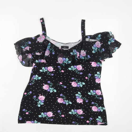 M&Co Womens Black Floral Viscose Basic Tank Size 10 V-Neck