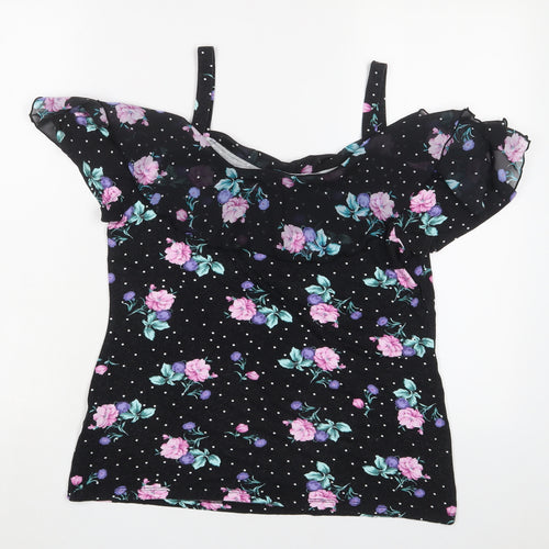 M&Co Womens Black Floral Viscose Basic Tank Size 10 V-Neck