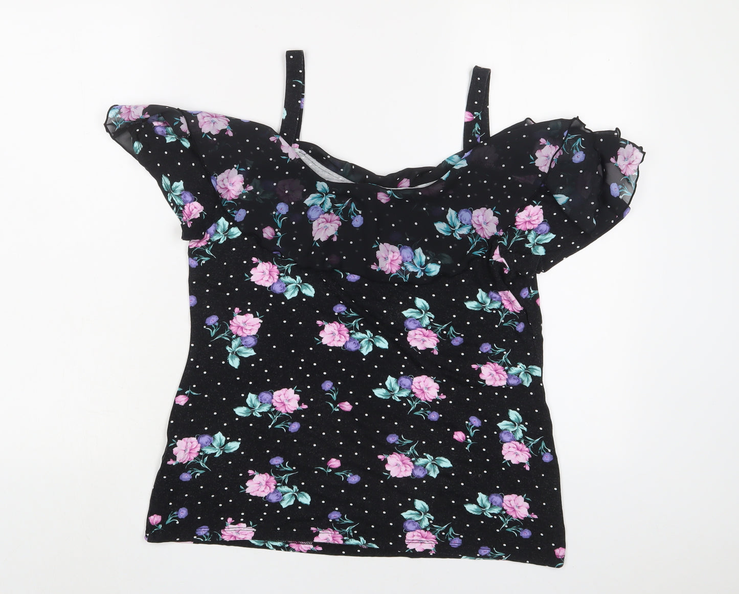M&Co Womens Black Floral Viscose Basic Tank Size 10 V-Neck