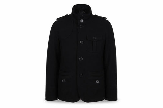 Front view of H&M men’s black military jacket jacket, size S, button