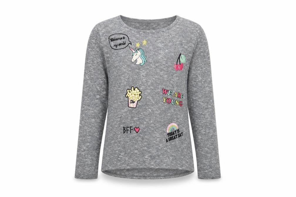 Front view of H&M girls’ grey polyester basic t-shirt, size 10-11, years collared pullover
