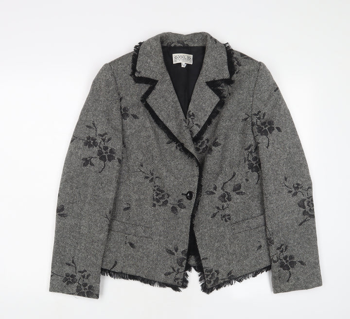 Gold Womens Grey Floral Jacket Blazer Size 12 Button