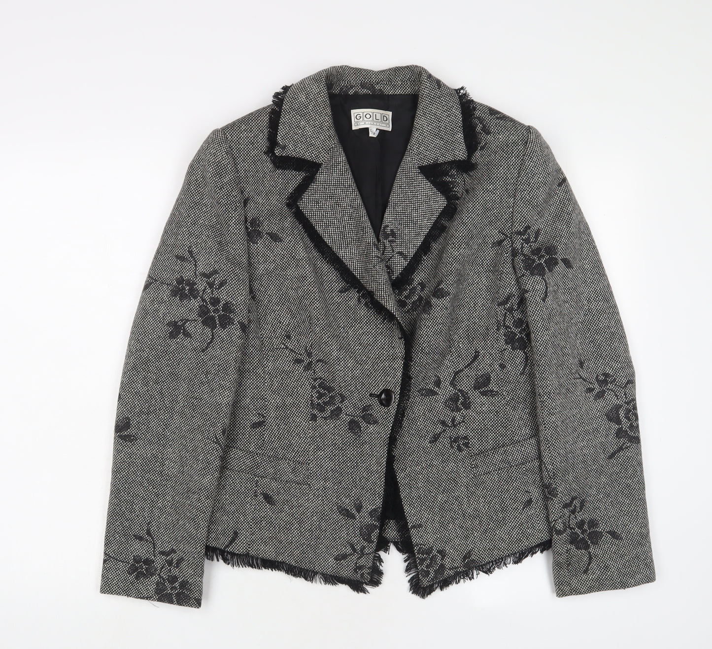 Gold Womens Grey Floral Jacket Blazer Size 12 Button