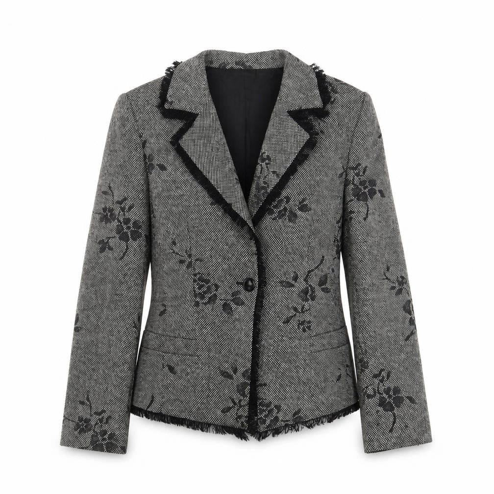 Front view of Gold women’s grey floral jacket blazer, size UK 12, button