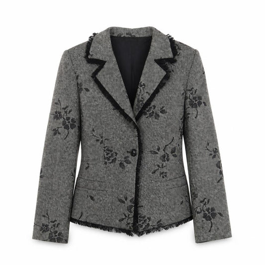 Front view of Gold women’s grey floral jacket blazer, size UK 12, button