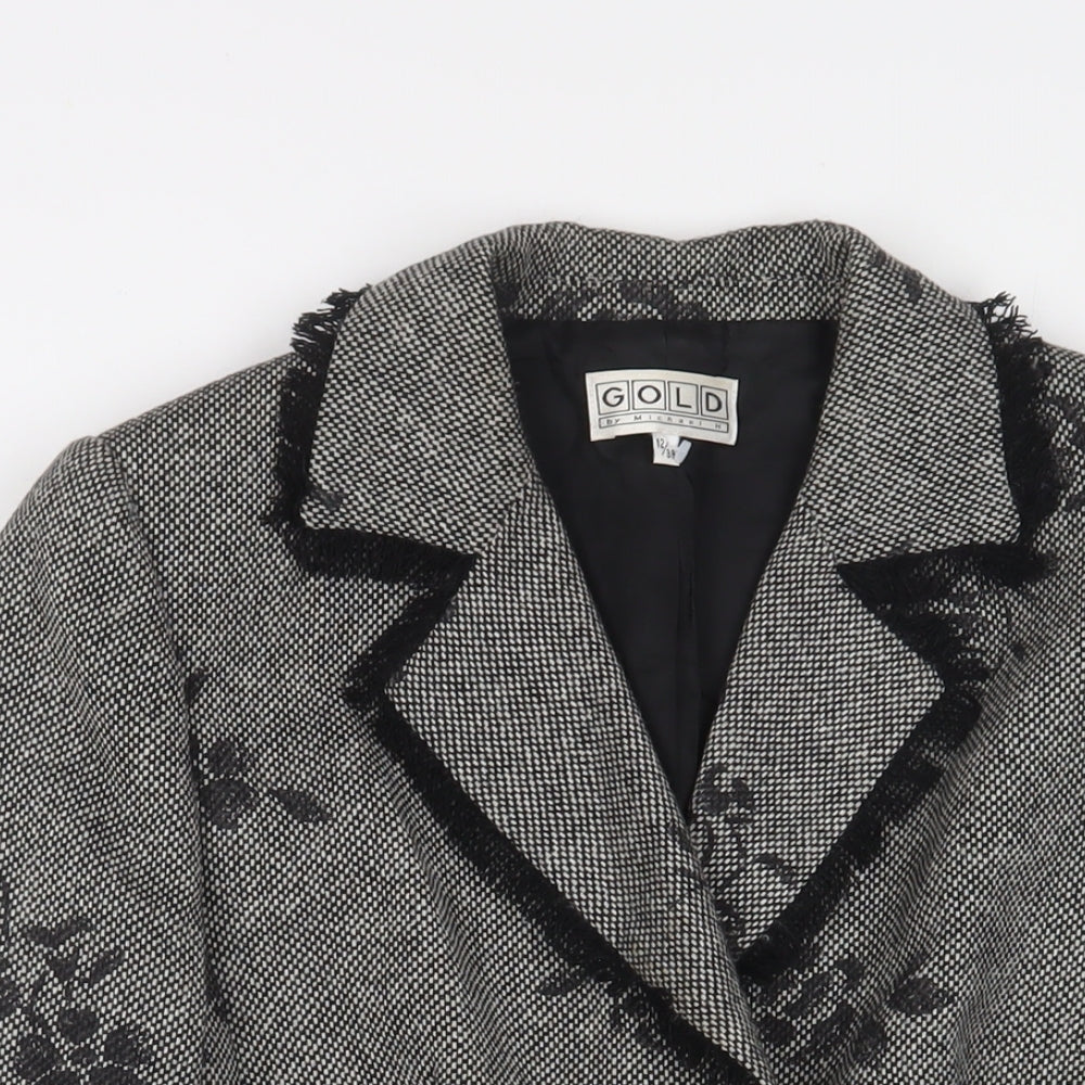 Gold Womens Grey Floral Jacket Blazer Size 12 Button
