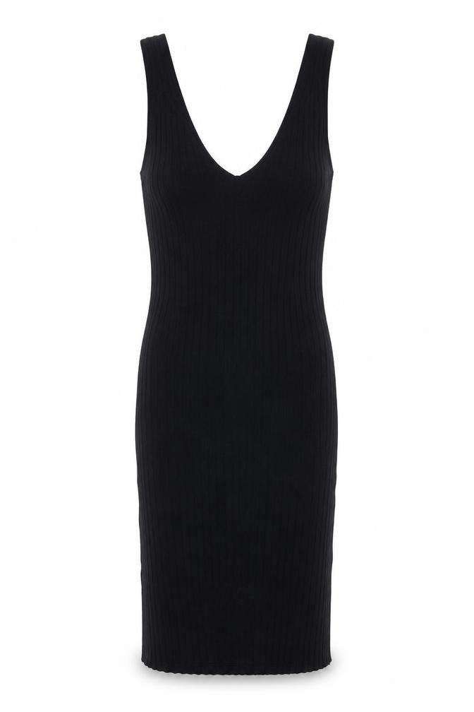 Front view of Bershka women’s black viscose bodycon, size S, v-neck pullover
