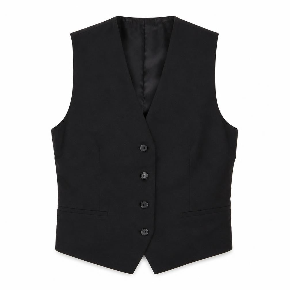 Front view of Zara men’s black striped polyester jacket suit waistcoat, size S, regular