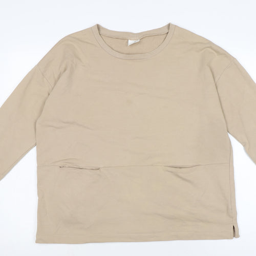 Dreams Womens Beige Cotton Basic T-Shirt Size S Crew Neck - Pockets to front.