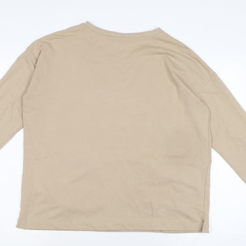 Dreams Womens Beige Cotton Basic T-Shirt Size S Crew Neck - Pockets to front.