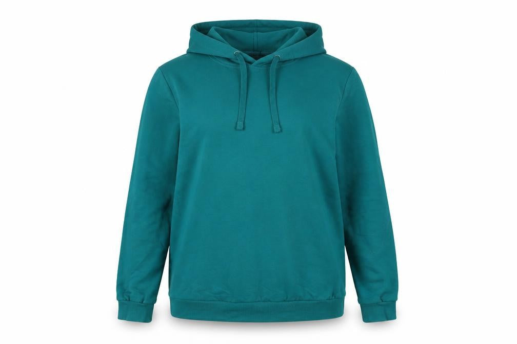 Front view of Avenue women’s blue cotton pullover hoodie, size UK 12