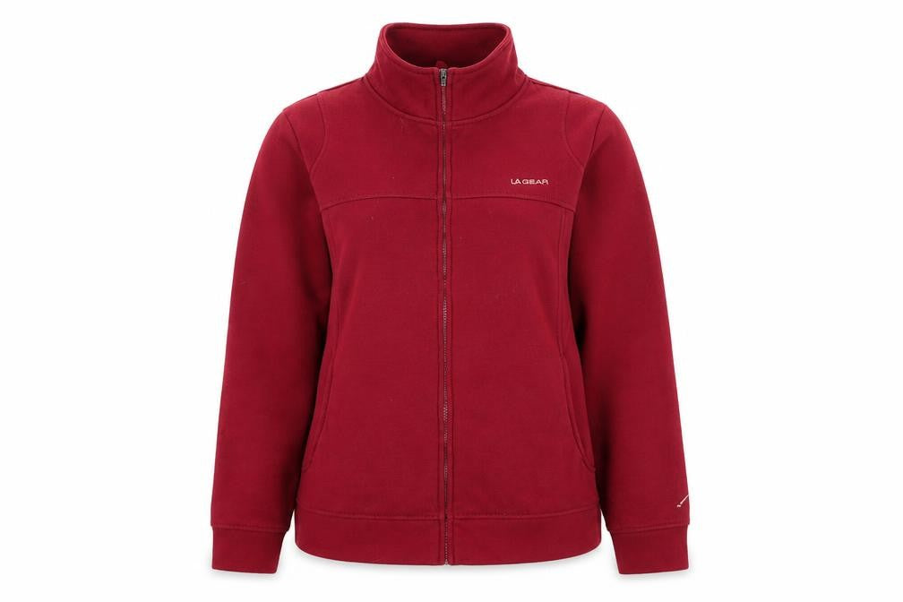 Front view of LA Gear women’s red cotton full zip sweatshirt, size UK 16