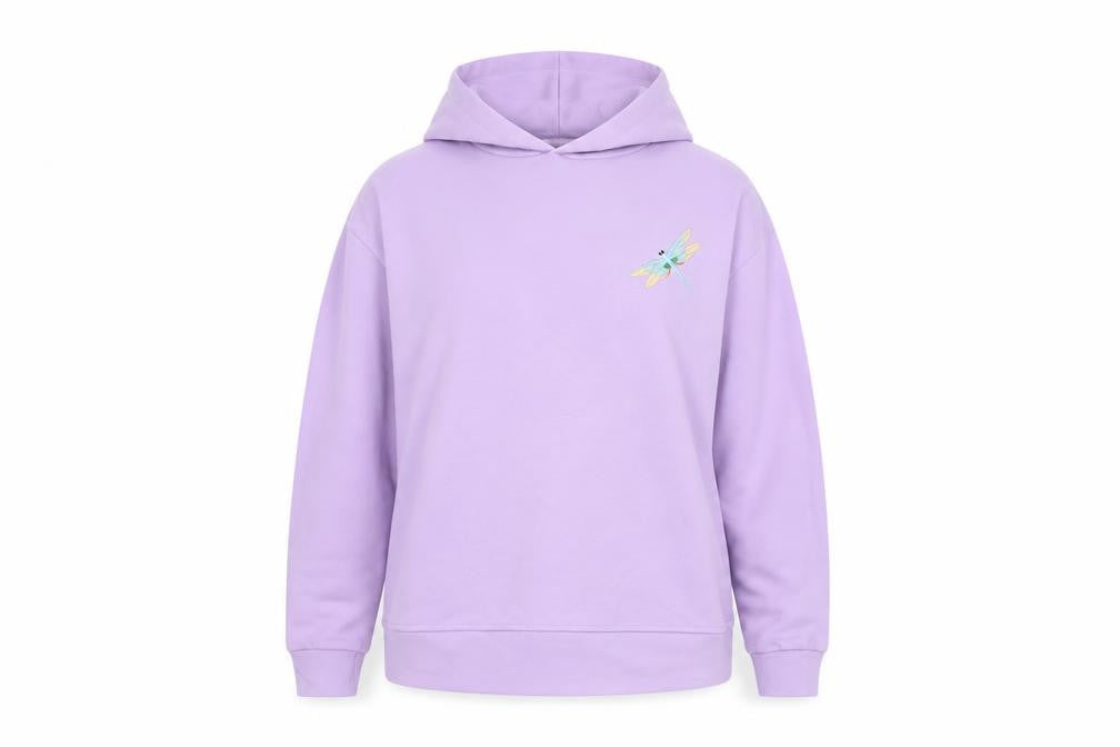 Front view of Dragonfly women’s purple cotton pullover hoodie, size UK 12