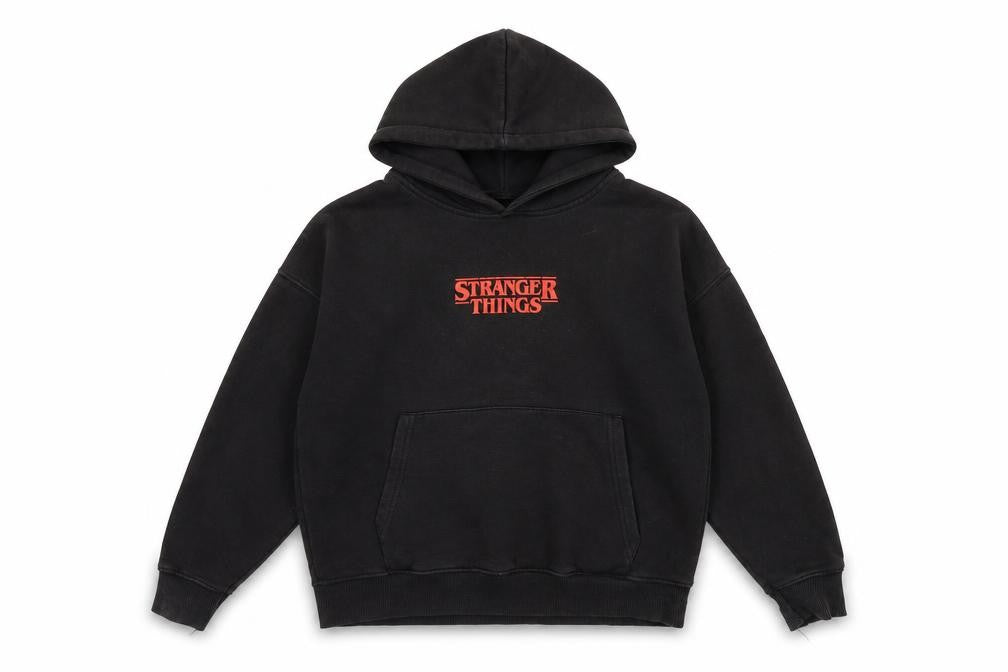 Front view of Zara women’s black cotton pullover hoodie, size UK 10