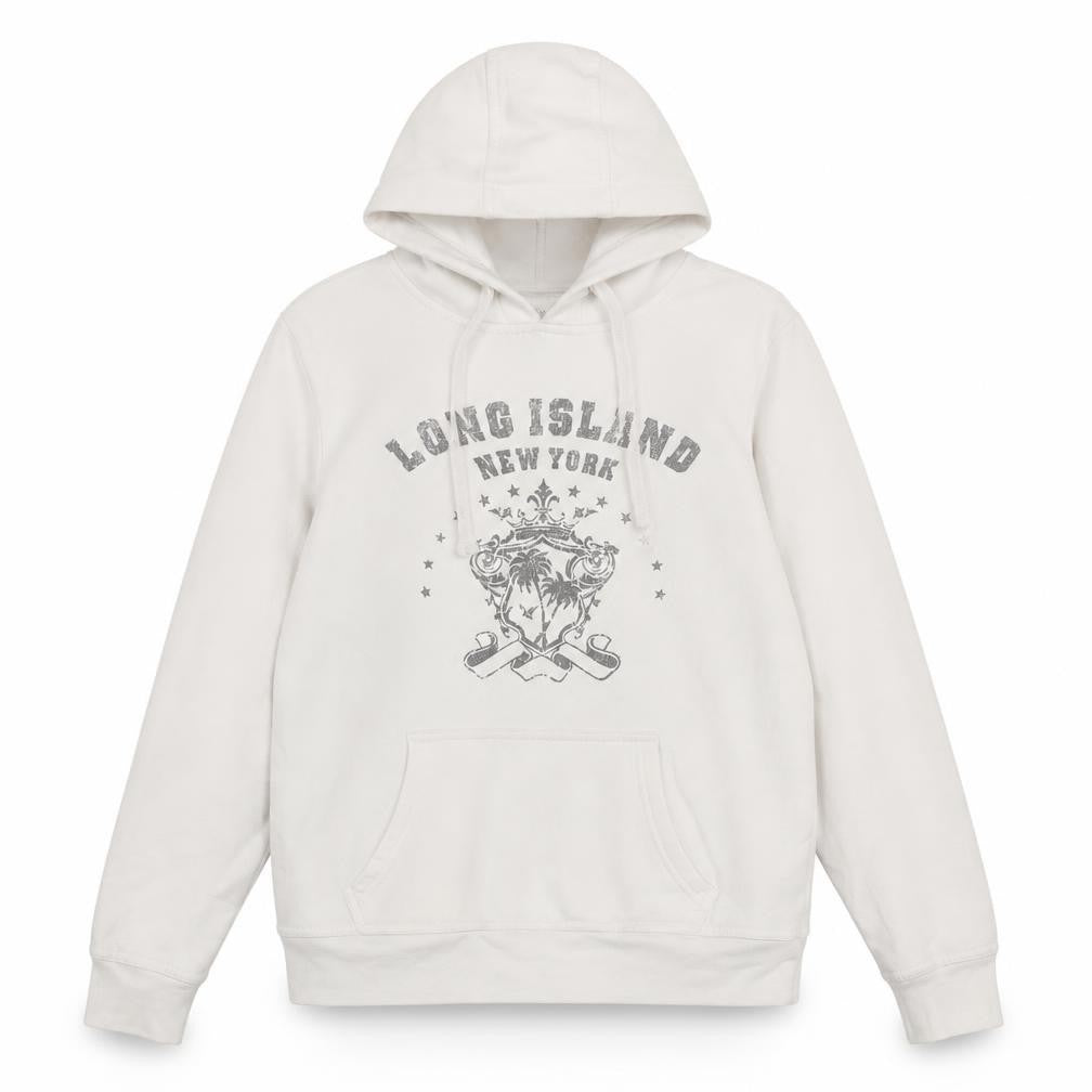 Front view of Denim & Co. women’s white cotton pullover hoodie, size UK 12