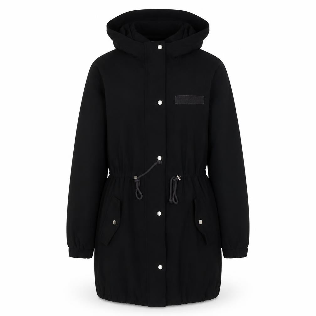 Front view of Divided by H&M women’s black jacket, size UK 6, zip - pull cord waist