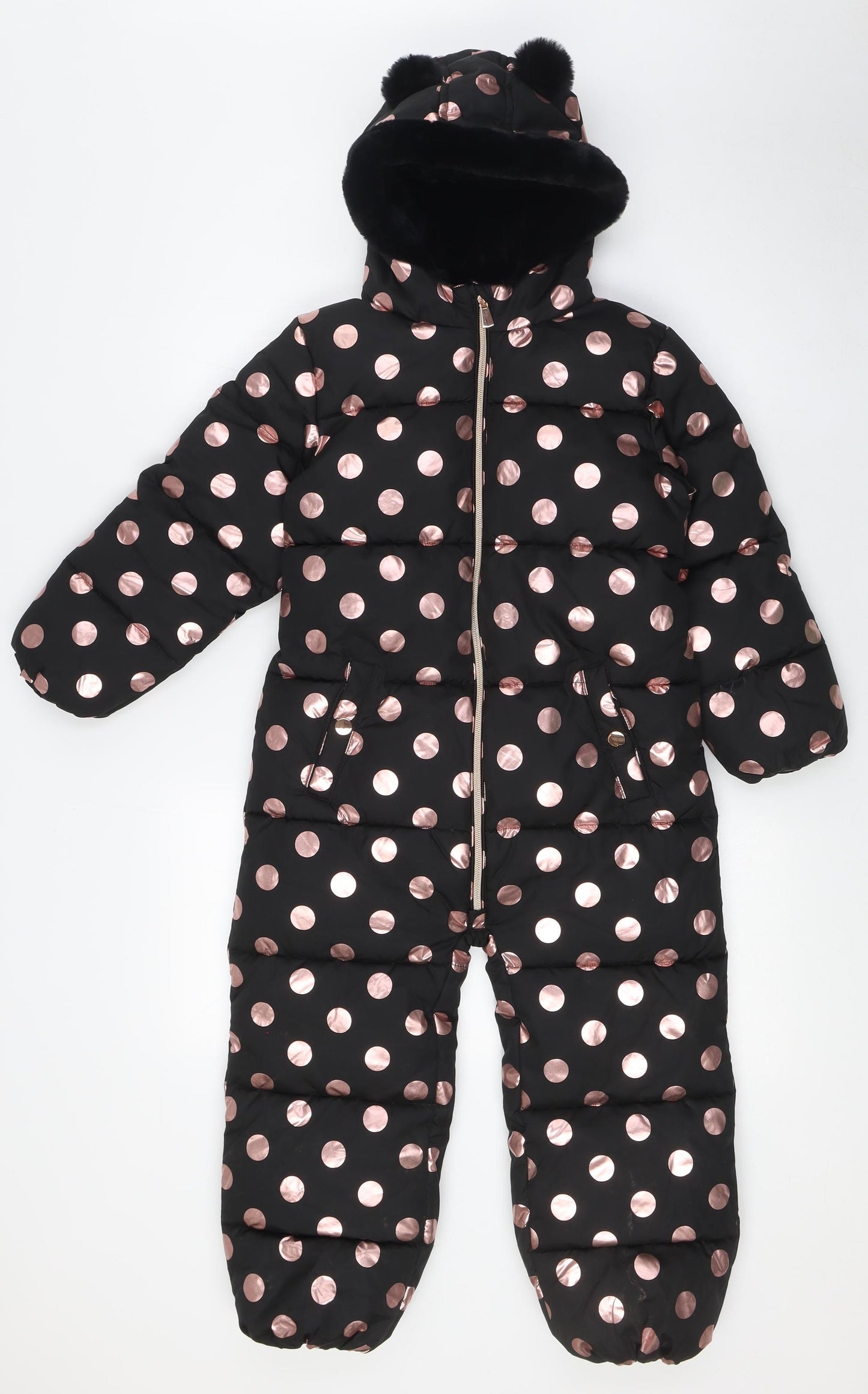 NEXT Girls Black Spotted Jacket Snowsuit Size 5-6 Years Zip - Rose Gold Spots