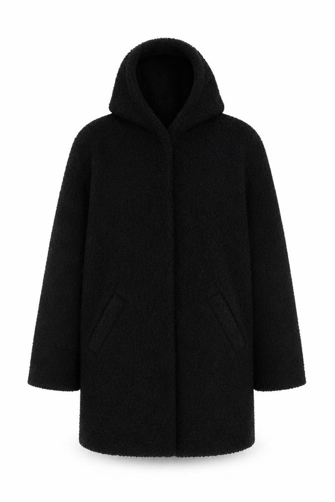 Front view of Klass women’s black overcoat coat, size S, snap - textured