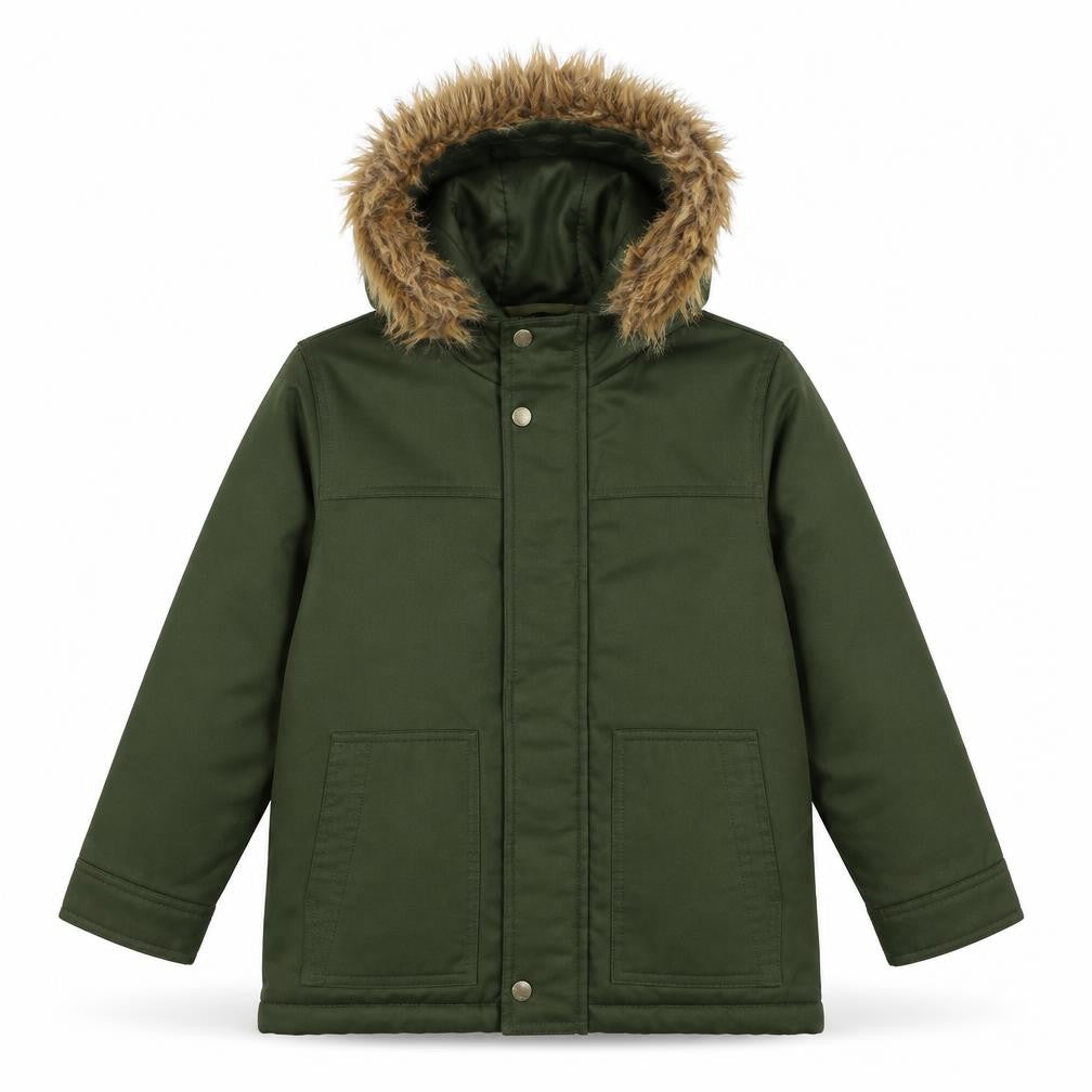 Front view of Gap boys’ green overcoat coat, size S, zip