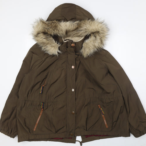 River Island Womens Green Parka Coat Size 16 Zip - Faux Fur Trim On Hood