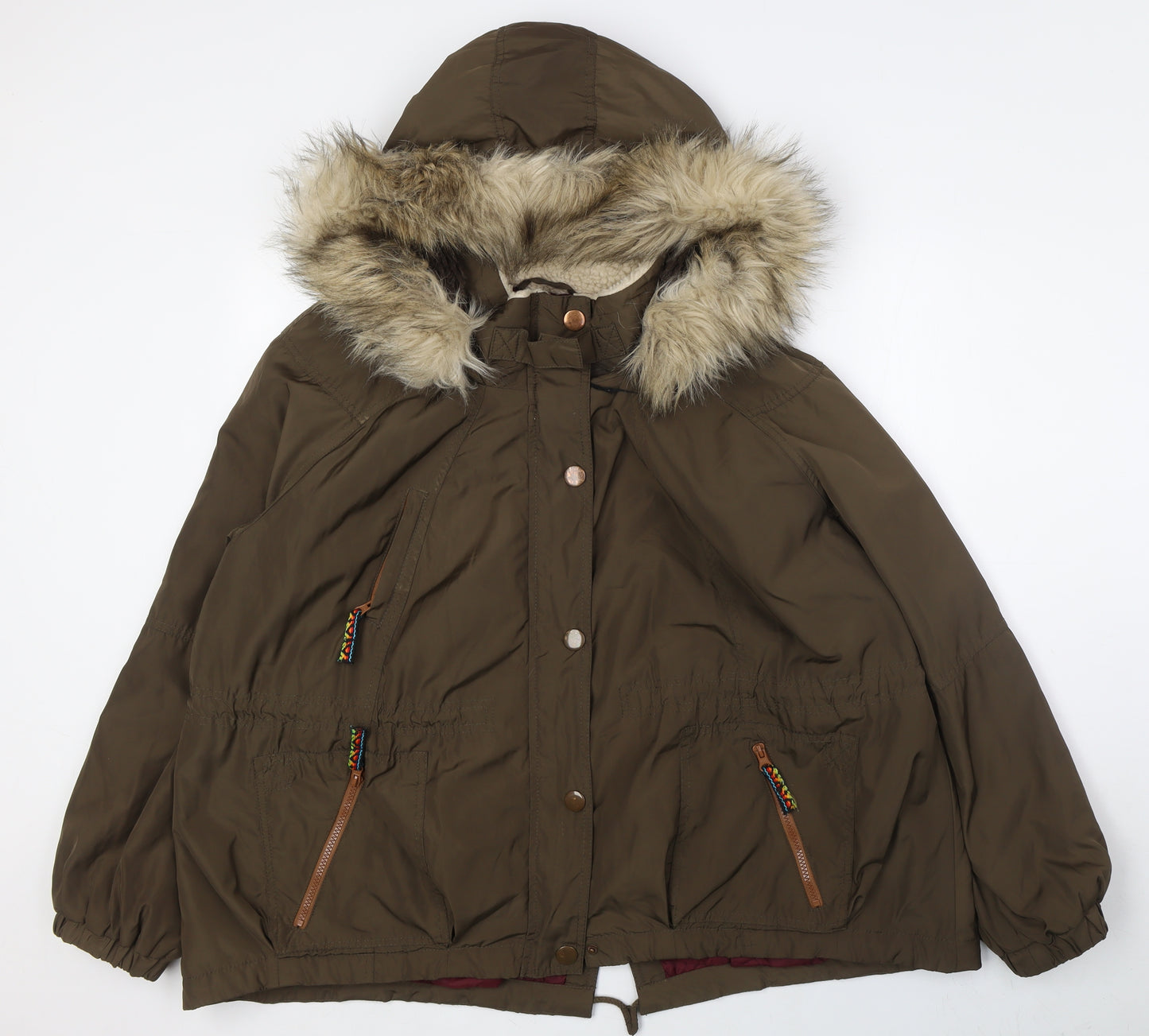 River Island Womens Green Parka Coat Size 16 Zip - Faux Fur Trim On Hood