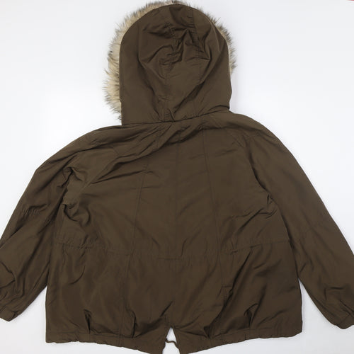 River Island Womens Green Parka Coat Size 16 Zip - Faux Fur Trim On Hood