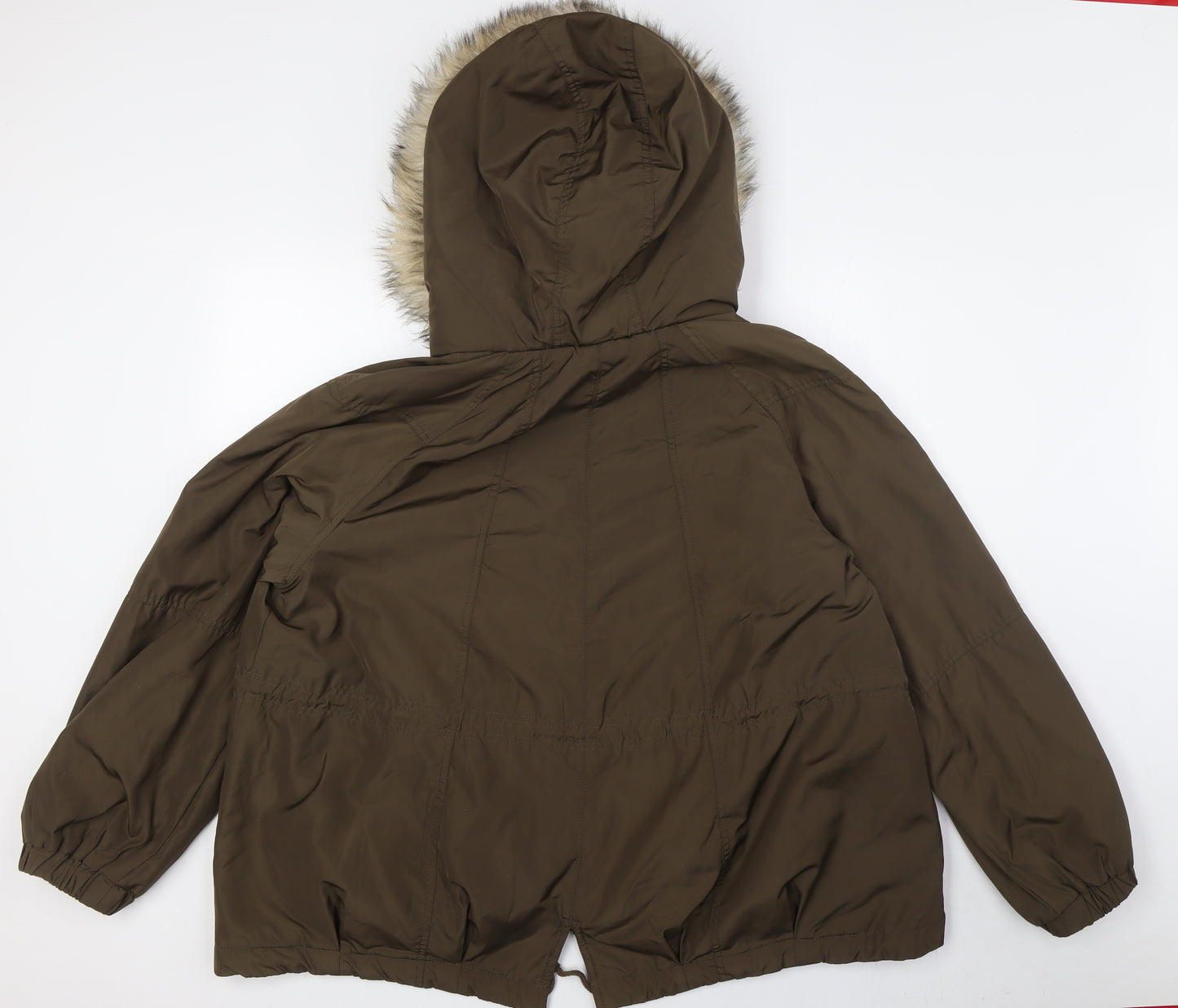 River Island Womens Green Parka Coat Size 16 Zip - Faux Fur Trim On Hood