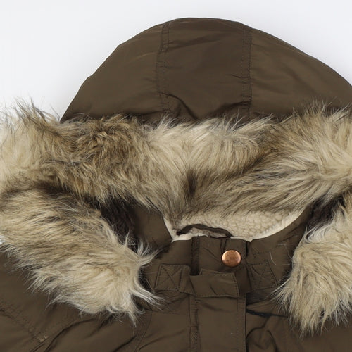 River Island Womens Green Parka Coat Size 16 Zip - Faux Fur Trim On Hood