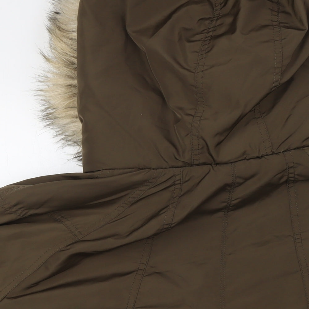 River Island Womens Green Parka Coat Size 16 Zip - Faux Fur Trim On Hood