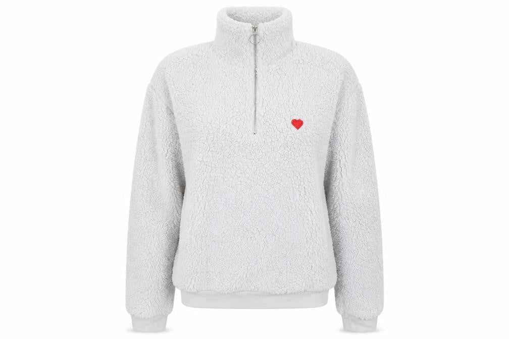Front view of Topshop women’s grey cupro pullover sweatshirt, size UK 12, zip - 1/4 zip, hart
