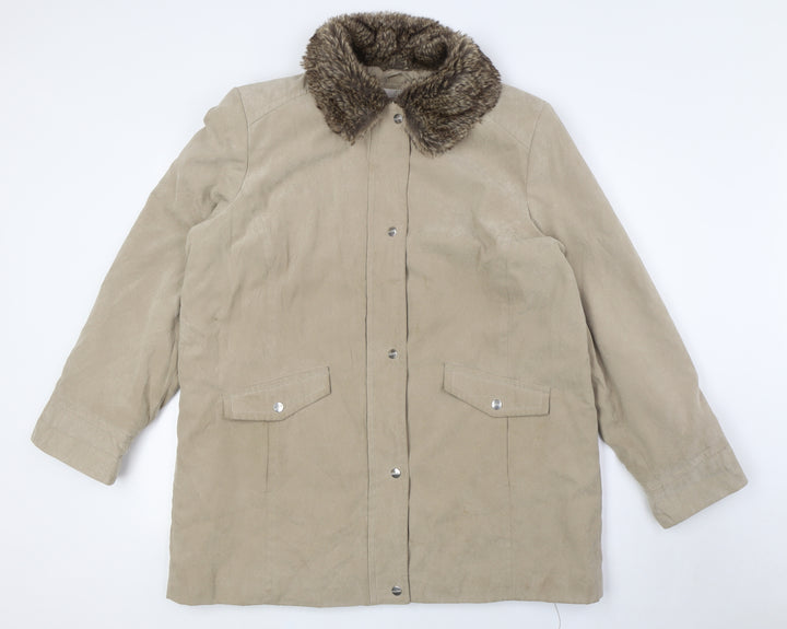 EWM Womens Beige Overcoat Coat Size 18 Zip - Faux Fur Collar