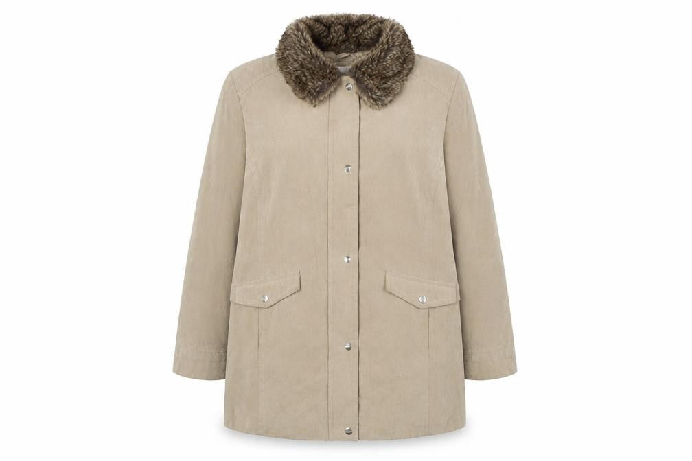 EWM Womens Beige Overcoat Coat Size 18 Zip - Faux Fur Collar