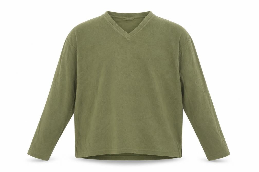 Front view of Marks & Spencer men’s green v-neck polyester jumper, size M, long sleeve
