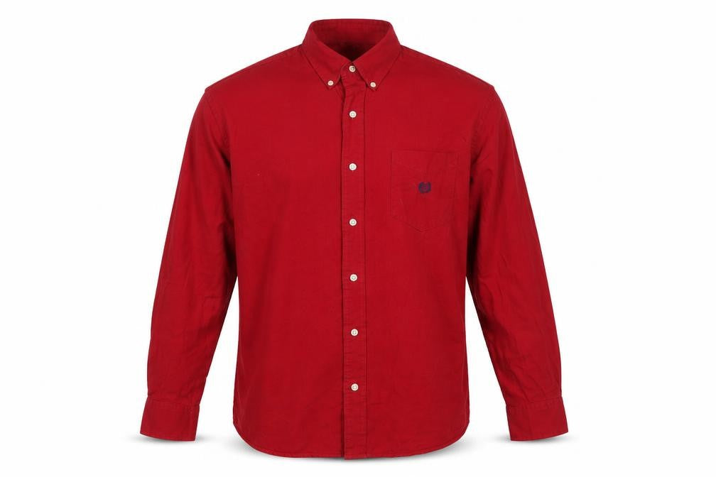 Front view of Chaps men’s red cotton button-up, size L, collared button