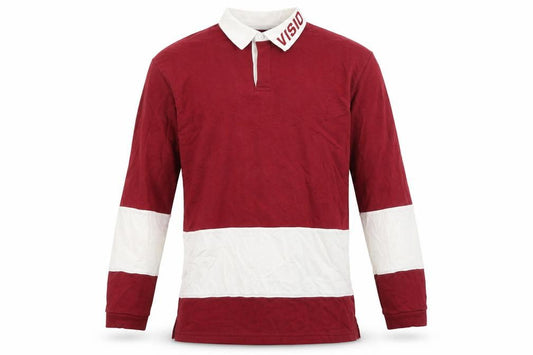Front view of Vision men’s red 100% cotton polo, size M, collared button