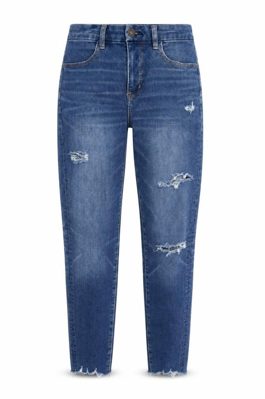 Front view of American Eagle women’s blue cotton mom jeans, size UK 61, in, 26-inch leg regular