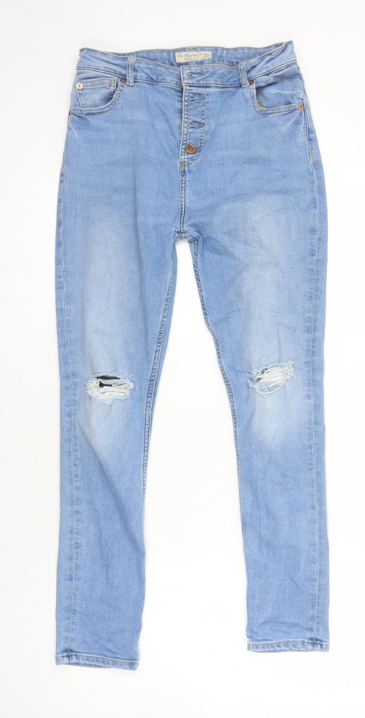 M&S Girls Blue Cotton Skinny Jeans Size 14-15 Years L27 in Regular - Distressed Look