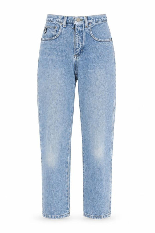 Front view of Only Brand women’s blue cotton mom jeans, size UK 34, in, 26-inch leg regular