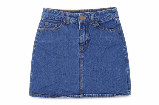 Front view of Denim Co. women’s blue cotton mini skirt, size UK 6