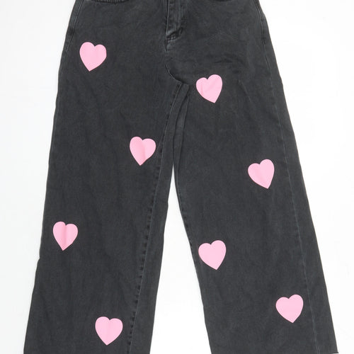 Minga Womens Black Geometric Cotton Wide-Leg Jeans Size 6 L26 in Relaxed - Heart motifs