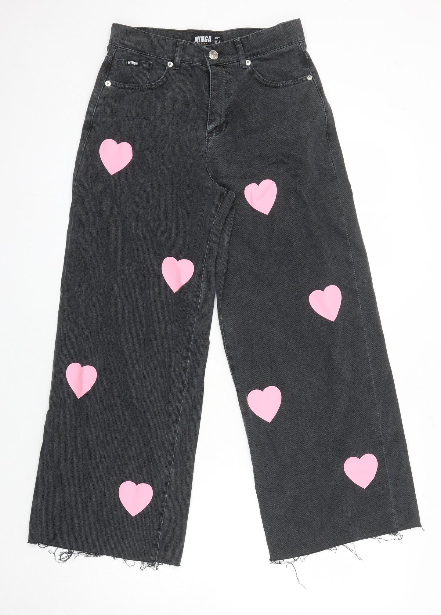 Minga Womens Black Geometric Cotton Wide-Leg Jeans Size 6 L26 in Relaxed - Heart motifs