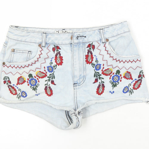 Miss Selfridge Womens Blue 100% Cotton Hot Pants Shorts Size 10 Regular - Embroidered Flowers