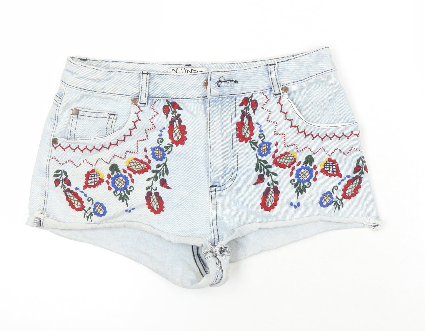 Miss Selfridge Womens Blue 100% Cotton Hot Pants Shorts Size 10 Regular - Embroidered Flowers