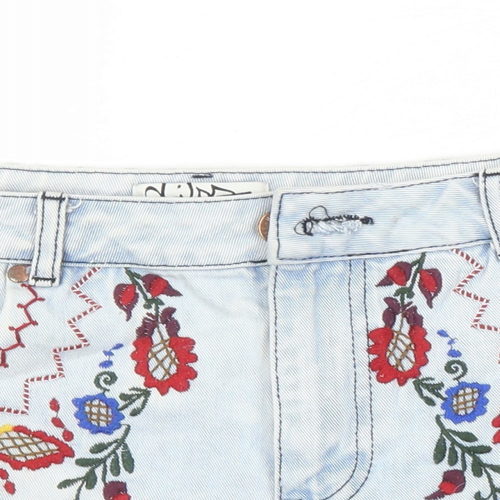 Miss Selfridge Womens Blue 100% Cotton Hot Pants Shorts Size 10 Regular - Embroidered Flowers